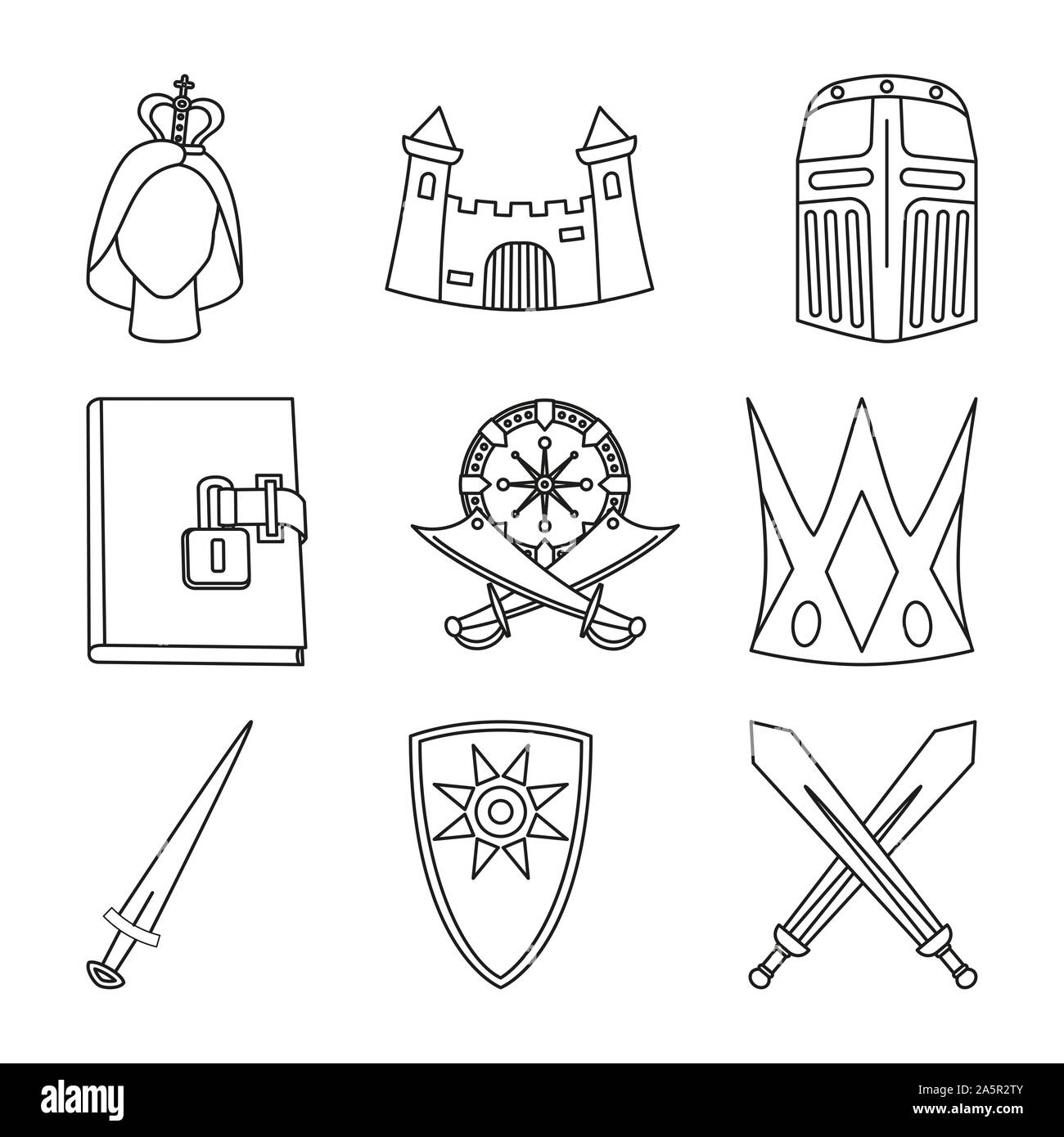 9 line Art Schwarz und Weiß märchenhafte Elemente. Historische Festival Requisiten. Märchen Thema Vector Illustration für Symbol, Stempel, Aufkleber, Zertifikat, Gi Stock Vektor