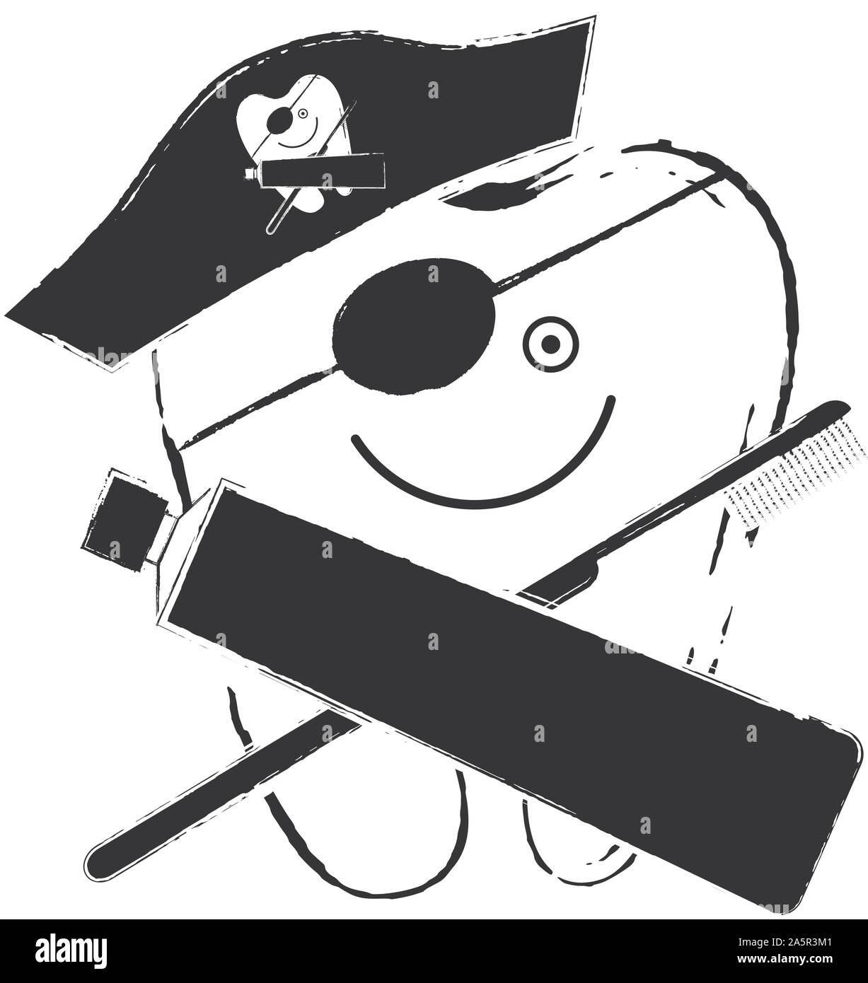 Schwarze und weiße Vector Illustration von lächelnden Zahn stilisiert als Pirat. Kreuzung Zahnbürste und Zahnpasta. Stock Vektor