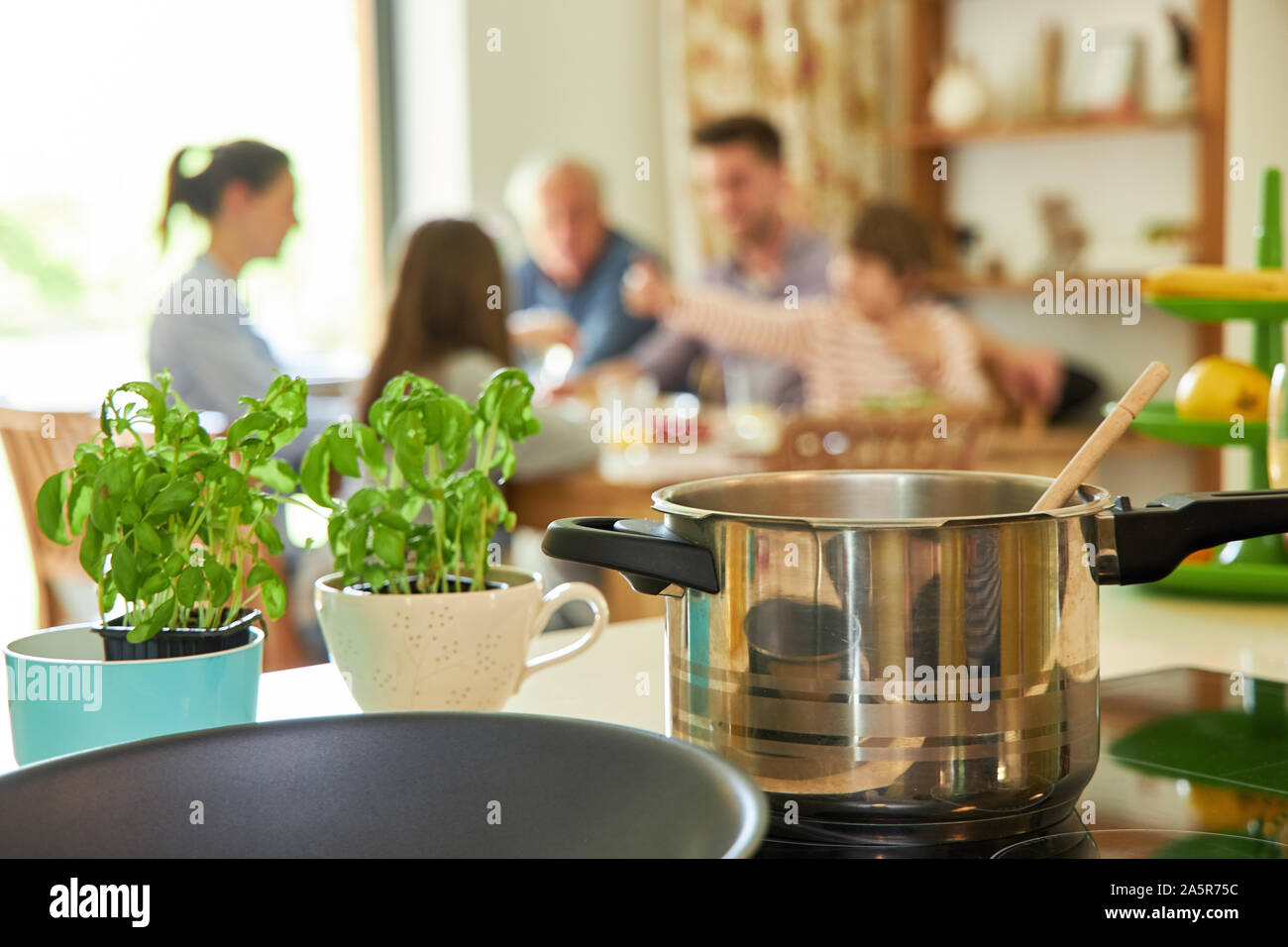 Kochtopf auf dem Herd und frischen Kräutern für Familie zum Mittagessen Stockfoto