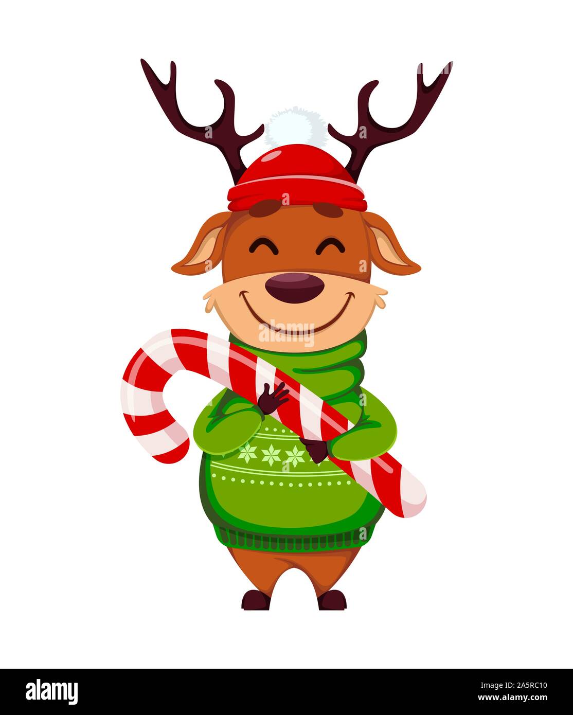 Frohe Weihnachten. Lustige Rentiere halten große Zuckerstange. Cute cartoon Charakter. Vector Illustration auf weißem Hintergrund Stock Vektor