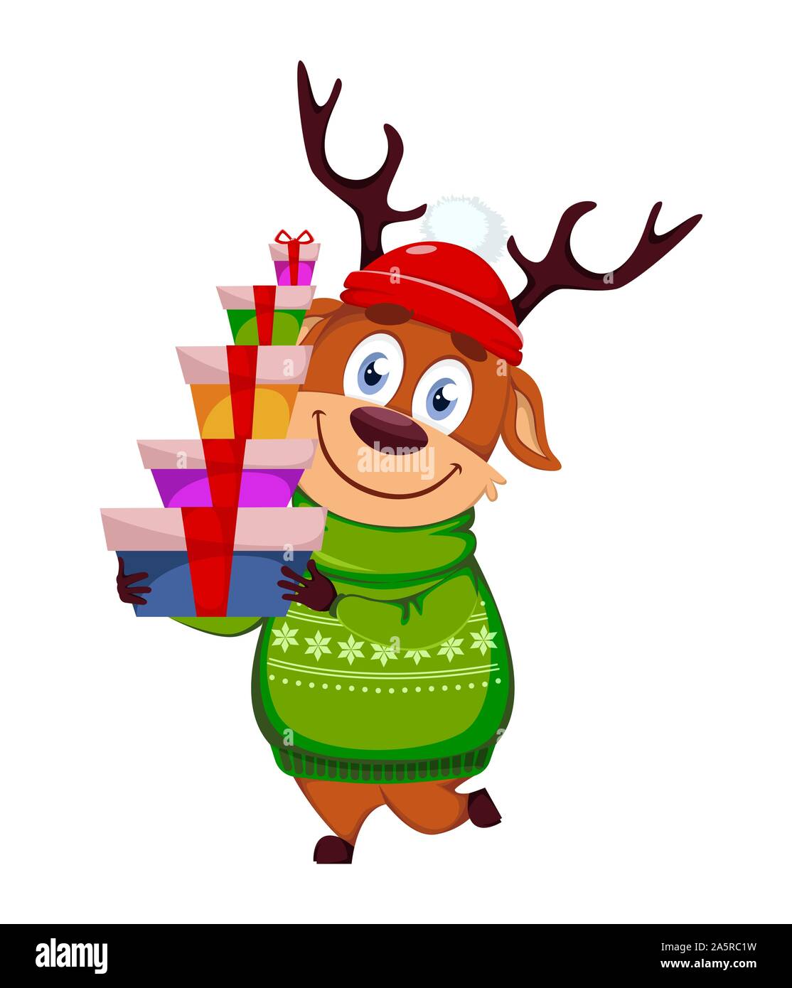 Frohe Weihnachten. Lustige Rentiere holding Geschenkboxen. Cute cartoon Charakter. Vector Illustration auf weißem Hintergrund Stock Vektor