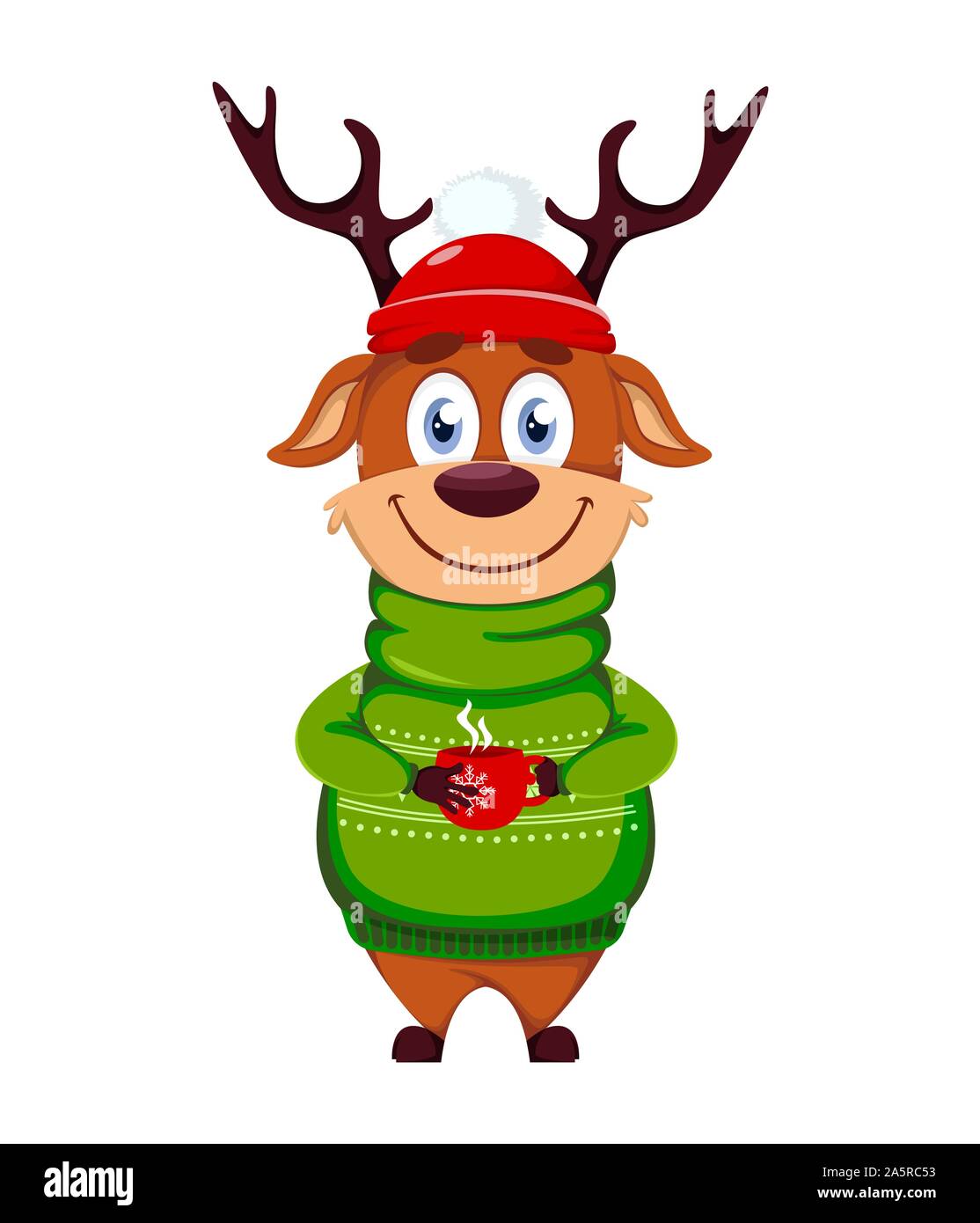 Frohe Weihnachten. Lustige Rentiere halten einer Tasse heißen Tee. Cute cartoon Charakter. Vector Illustration auf weißem Hintergrund Stock Vektor