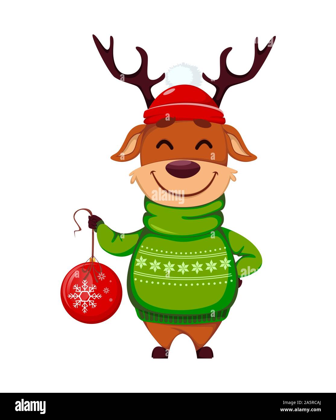 Frohe Weihnachten. Lustiges Rentier mit Weihnachtsbaum Kugel. Cute cartoon Charakter. Vector Illustration auf weißem Hintergrund Stock Vektor