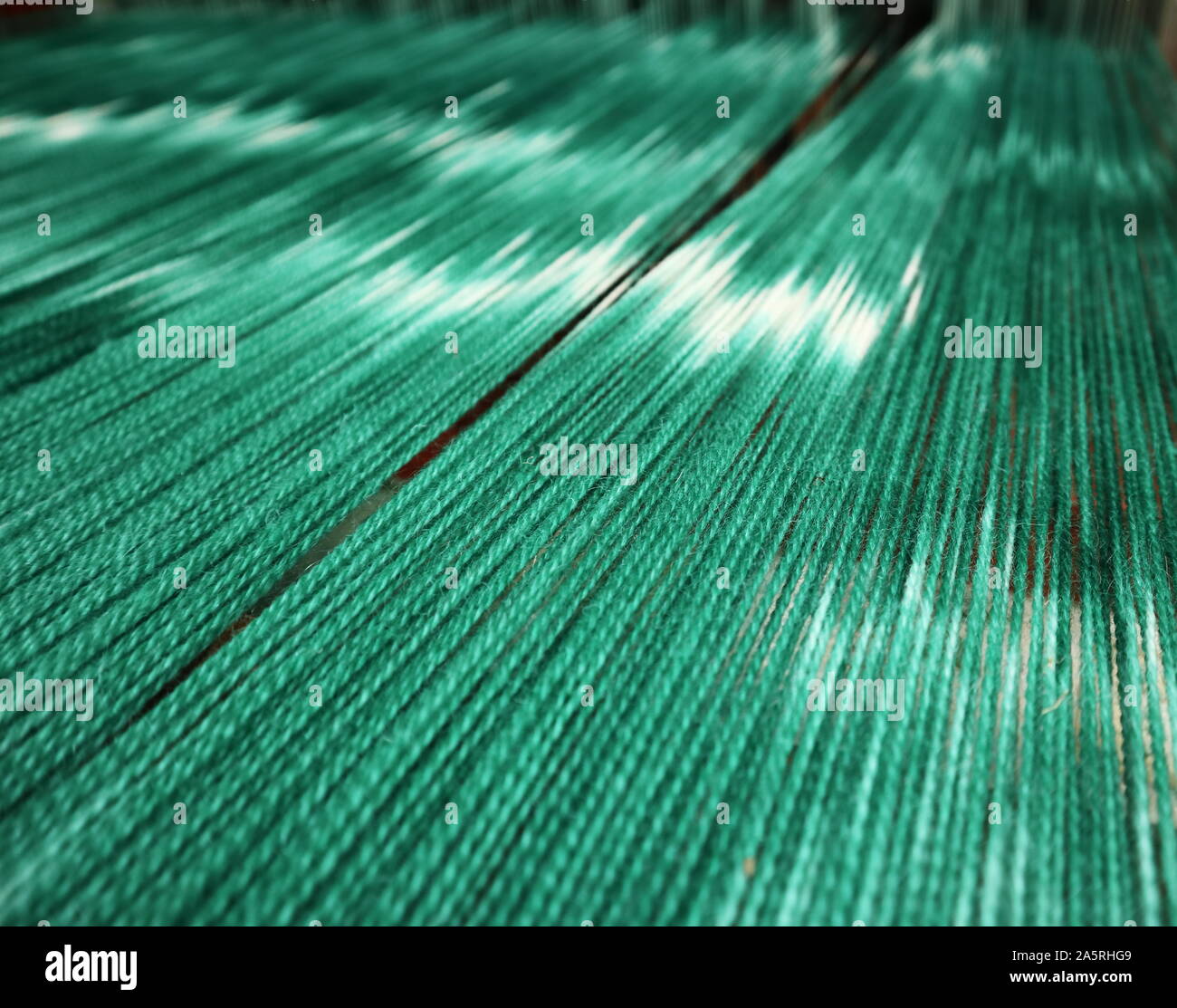 Von Hand bemalt, grüne und weiße Wolle Verwerfung auf dem Webstuhl Stockfoto
