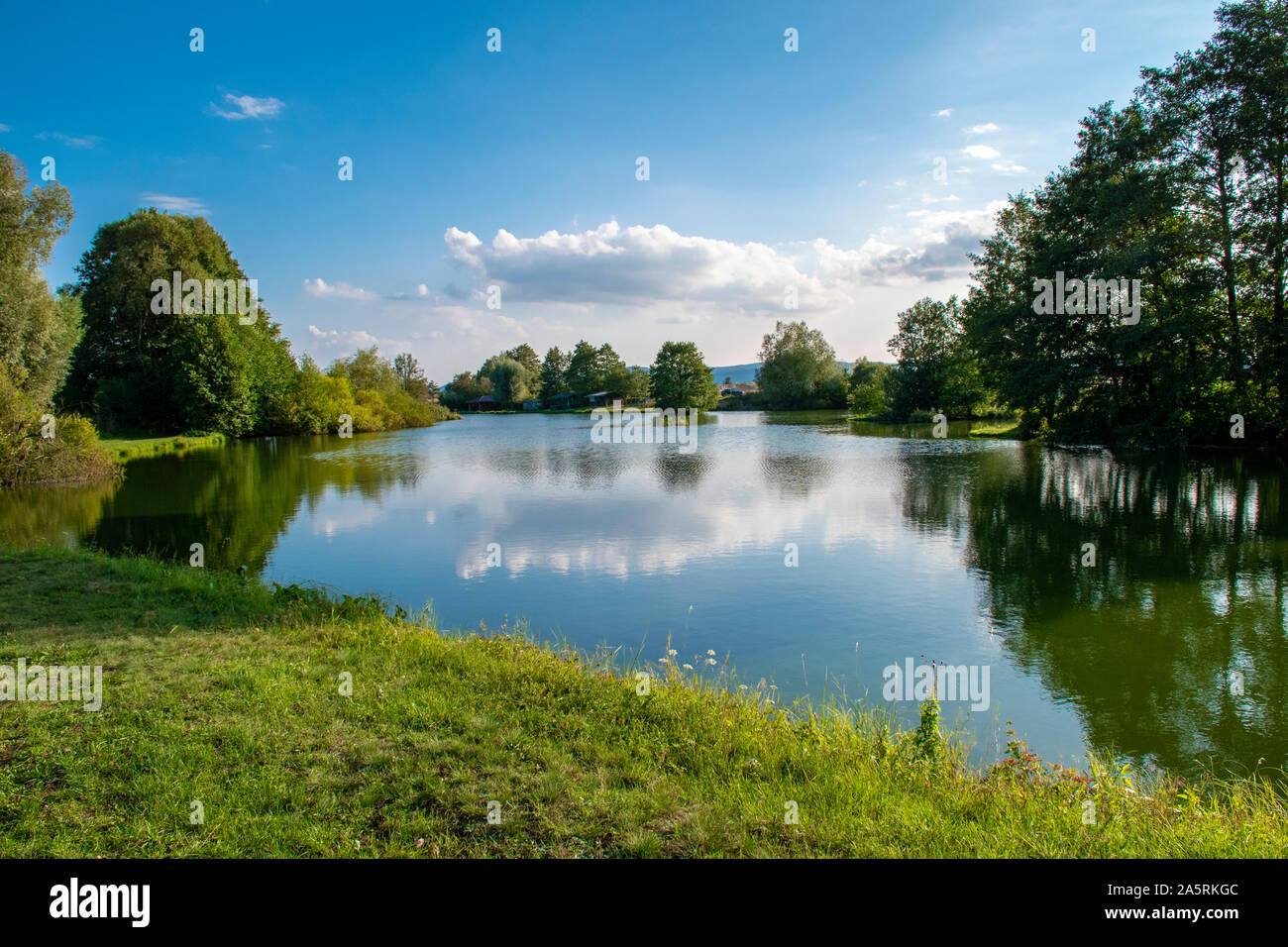 Fischteich in der Nähe von Diviaky, Slowakei an sonnigen Tagen. Sommer am See. Slowakische Natur. Landschaftsbild von stehendem Wasser mit Bäumen und Wolken Reflexion. Stockfoto