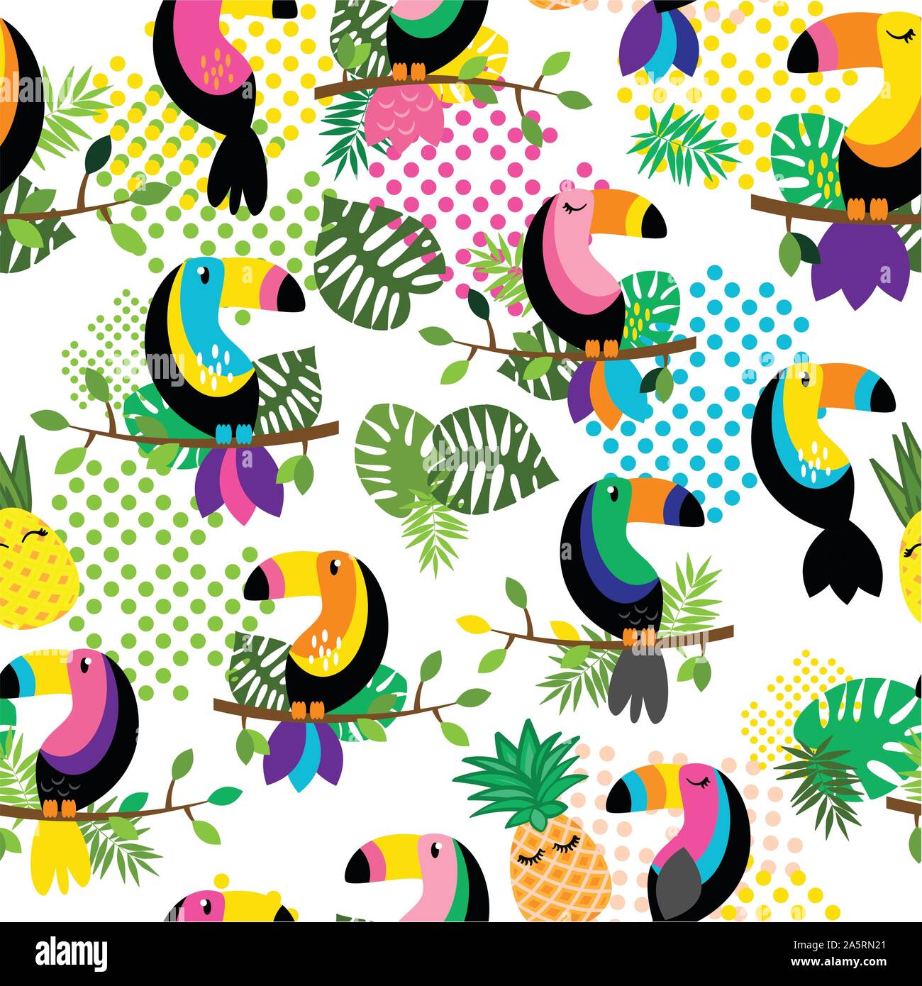 Nahtlos kachelbare Tropischen Vector Pattern mit Flamingos, Tukane, Kakteen und tropische Blätter Stock Vektor