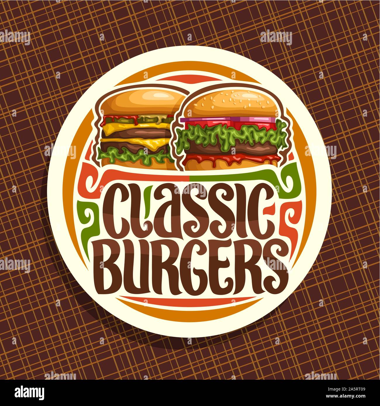 Vektor logo für klassische Burger, weiße runde Schild mit frischen Cheeseburger und großen Hamburger mit gebratenen Steak, ursprünglichen Schrifttyp für Wörter classic Burg Stock Vektor