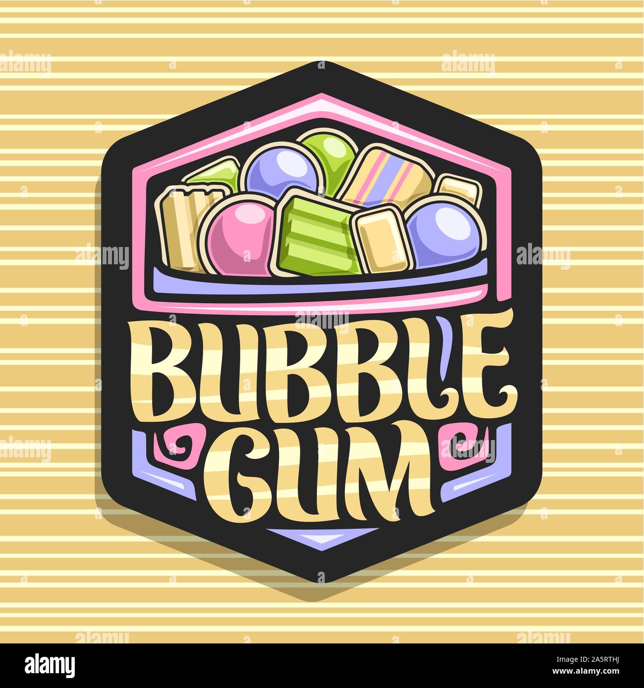 Vektor logo für Bubble Gum, dunkle sechseckige Zeichen mit Haufen von bunten Kauen von Kaugummi- und Obst Gummibärchen Bonbons, ursprünglichen Bürste Schrift für Worte Bub Stock Vektor