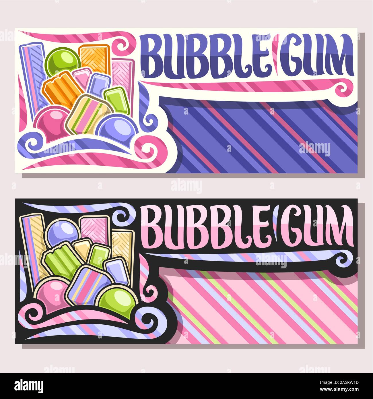 Vektor Banner für Bubble Gum mit Kopie Raum, Haufen von bunten Kauen bubblegums und Obst Gummibärchen Bonbons, ursprünglichen Bürste Schrift für Worte bubble g Stock Vektor