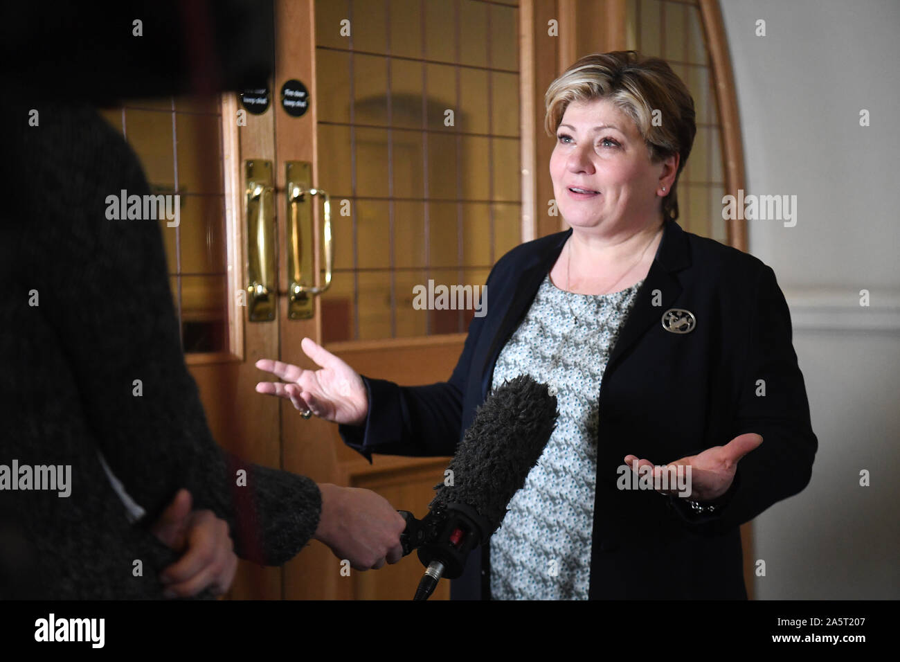 Shadow Außenminister Emily Thornberry im Gespräch mit der Presse nach einem Treffen mit Harry Dunn's Familie Portcullis House in London. Stockfoto