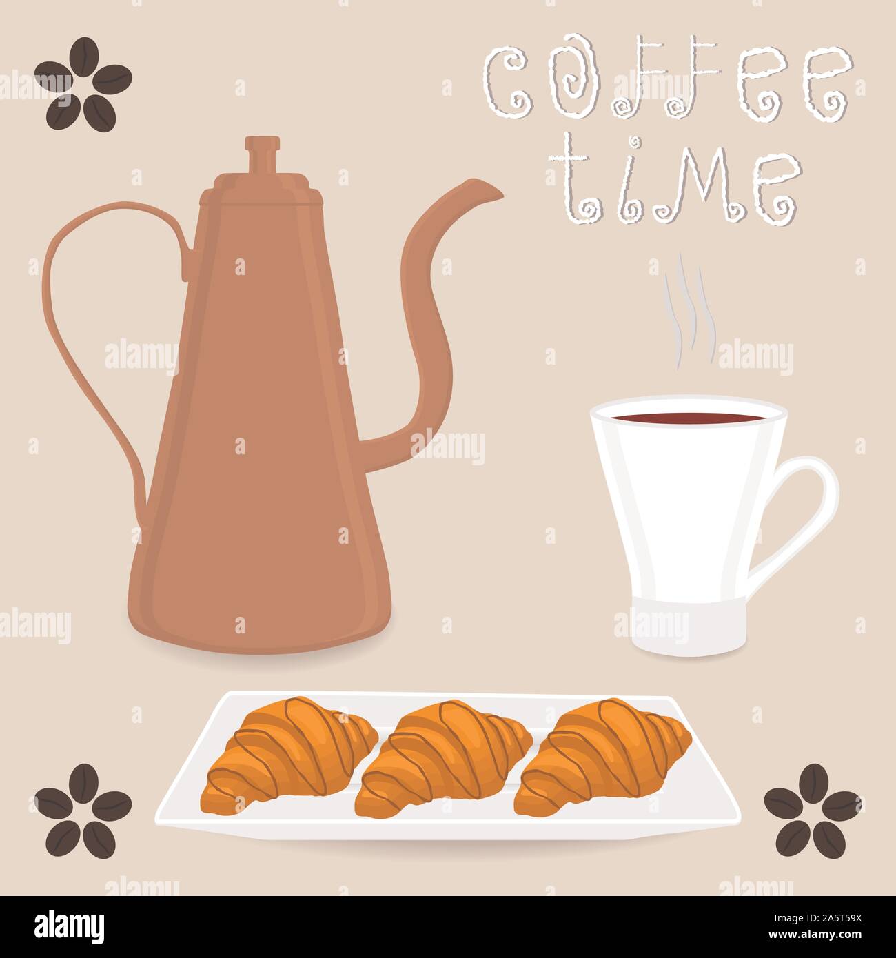 Vector Illustration logo für weiße Keramik Tasse heißen Kaffee, Croissant auf der Untertasse. Croissant Muster bestehend aus Getreide Kaffee in Porzellan cu gebraut Stock Vektor