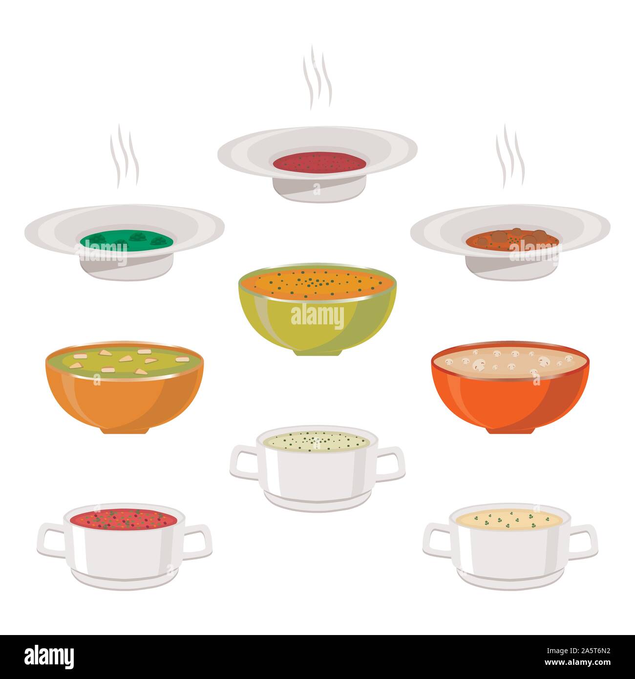 Vector Illustration für heiße Keramik Schüssel, große Platte mit verschiedenen hausgemachten Suppen mit Brühe und Gemüse gefüllt. Suppe Set bestehend aus Schalen Witz Stock Vektor