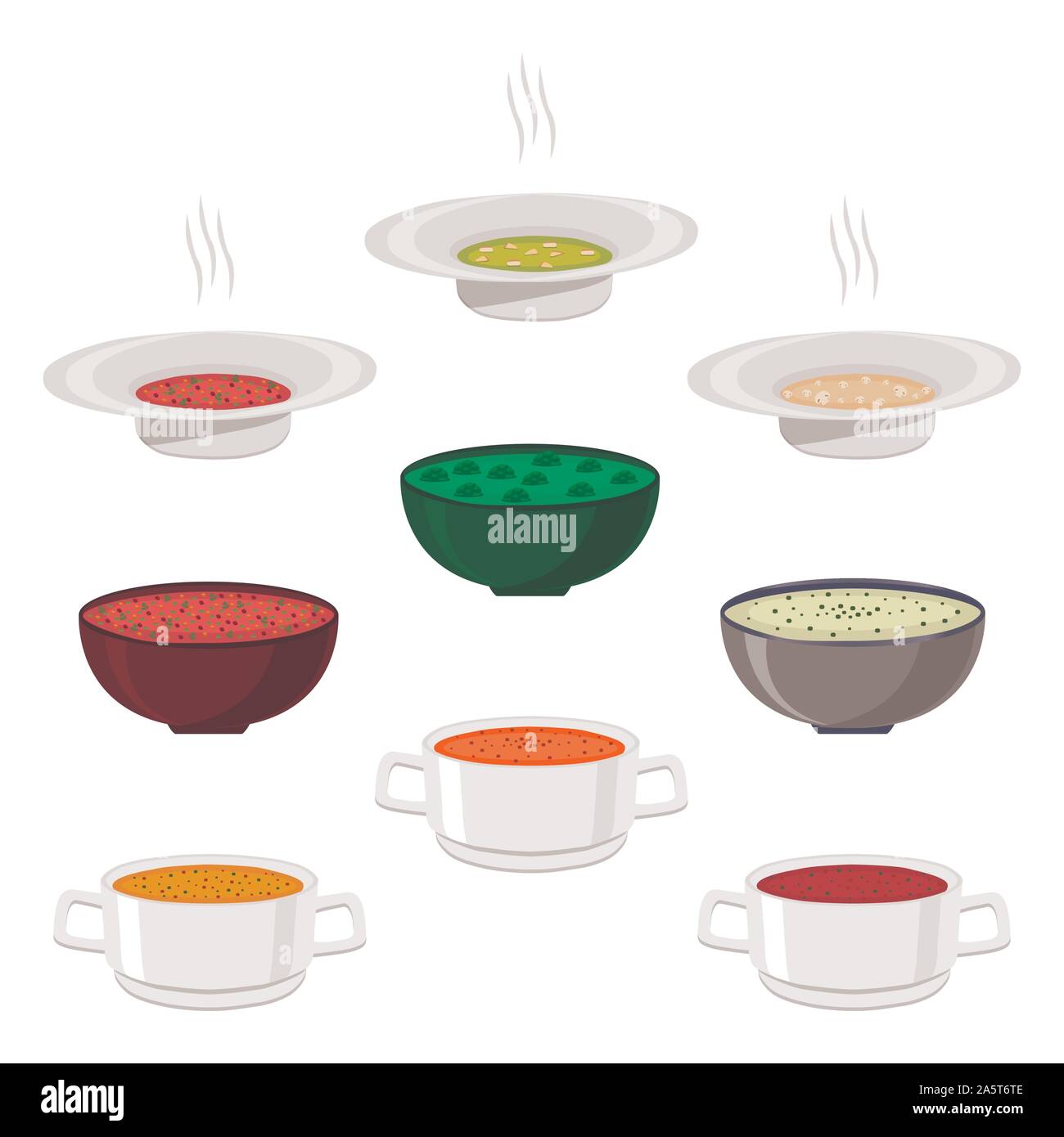 Vector Illustration für heiße Keramik Schüssel, große Platte mit verschiedenen hausgemachten Suppen mit Brühe und Gemüse gefüllt. Suppe Set bestehend aus Schalen Witz Stock Vektor
