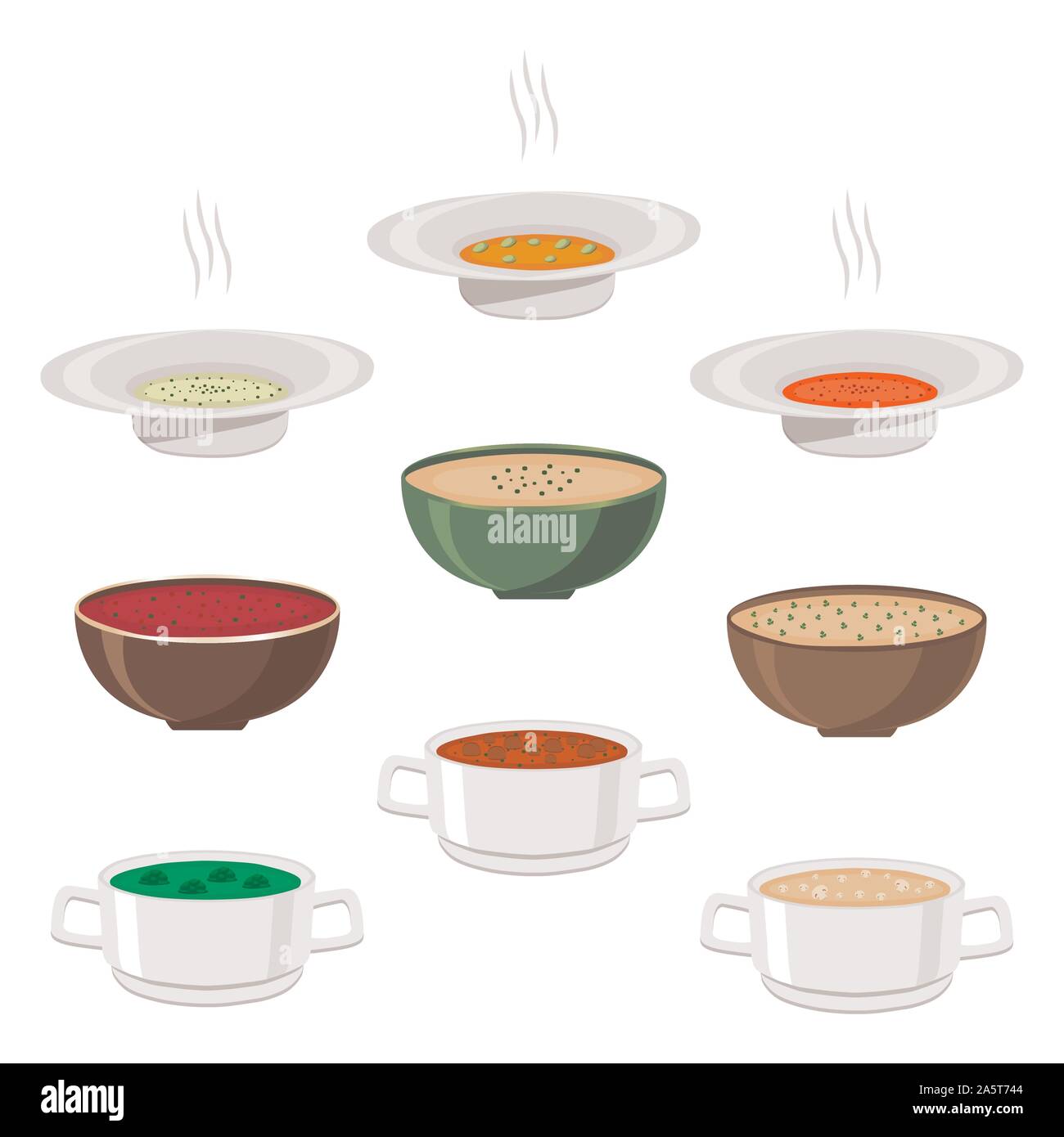 Vector Illustration für heiße Keramik Schüssel, große Platte mit verschiedenen hausgemachten Suppen mit Brühe und Gemüse gefüllt. Suppe Set bestehend aus Schalen Witz Stock Vektor