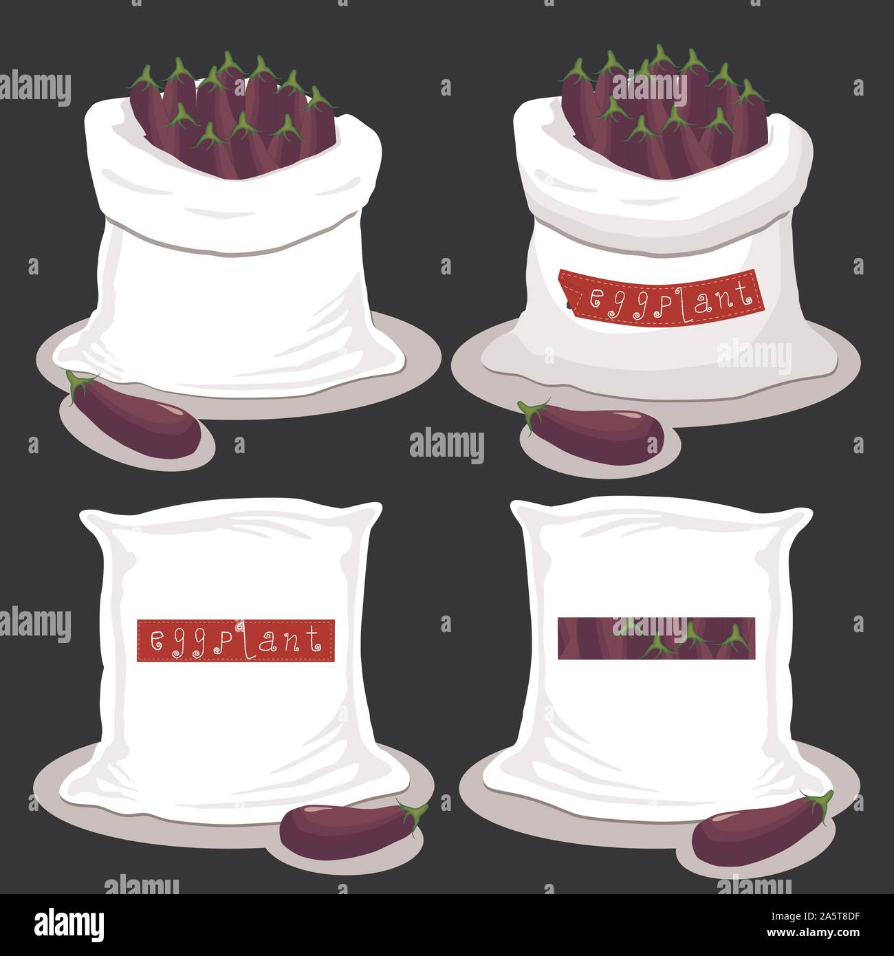 Vector Illustration für Beutel gefüllt mit Gemüse violett Aubergine, Speicherung in Säcken. Aubergine Muster bestehend aus reif essen, Rohstoff auf offenen Sa Stock Vektor