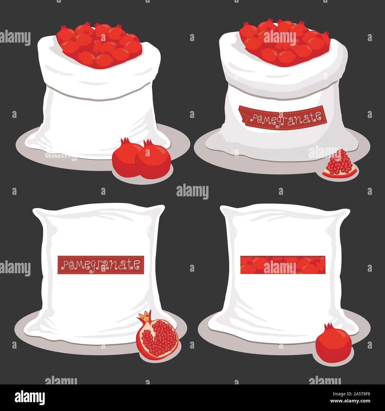 Vector Illustration logo für Beutel gefüllt mit roter Granatapfel, Lagerung in Säcken. Granatapfelmuster, bestehend aus reif essen, Rohstoff auf offenen Sack Stock Vektor