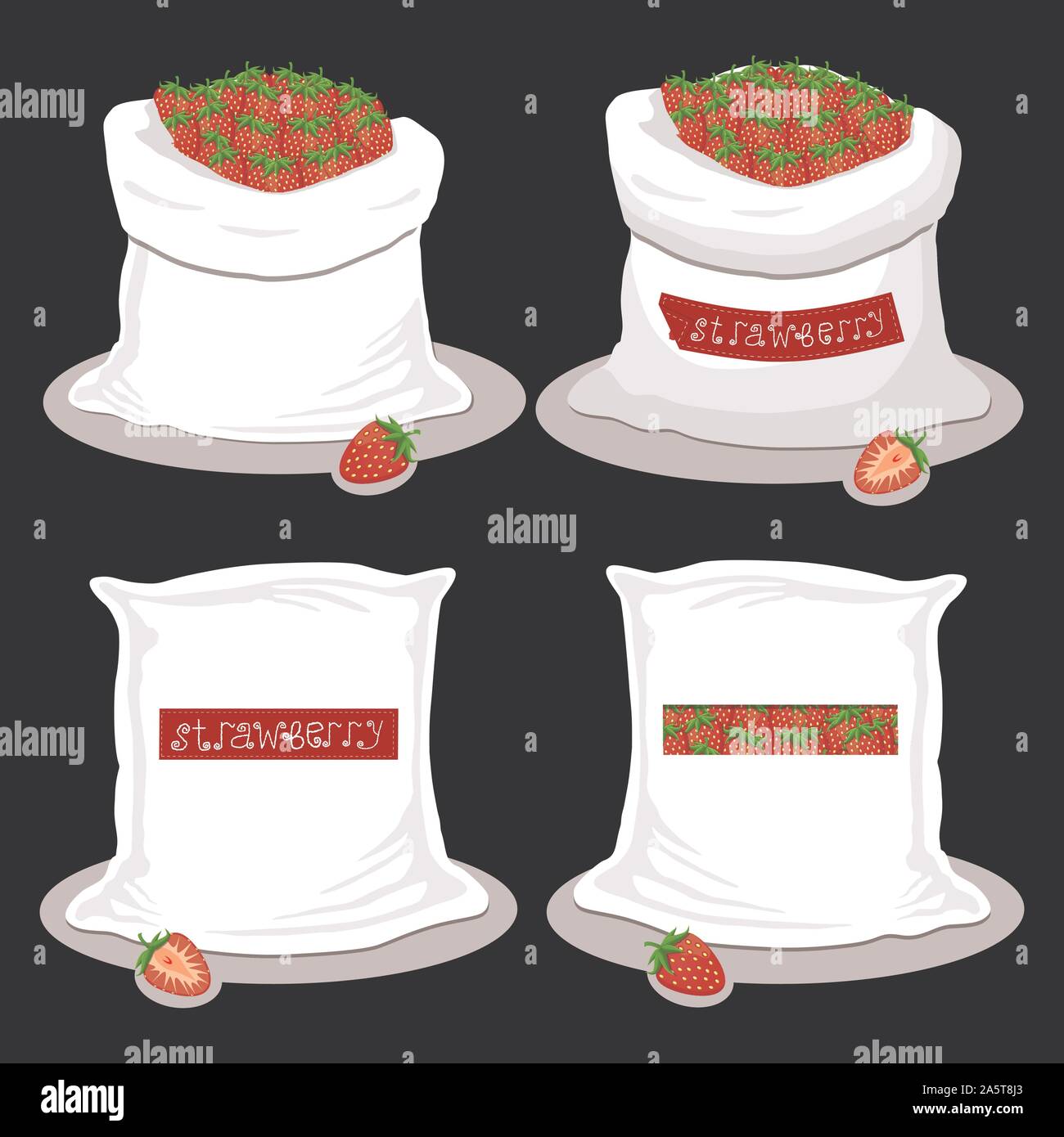 Vector Illustration für Beutel gefüllt mit Berry Rote Erdbeere, Lagerung in Säcken. Erdbeere Muster bestehend aus reif essen, Rohstoff auf offenen Sack. Stock Vektor