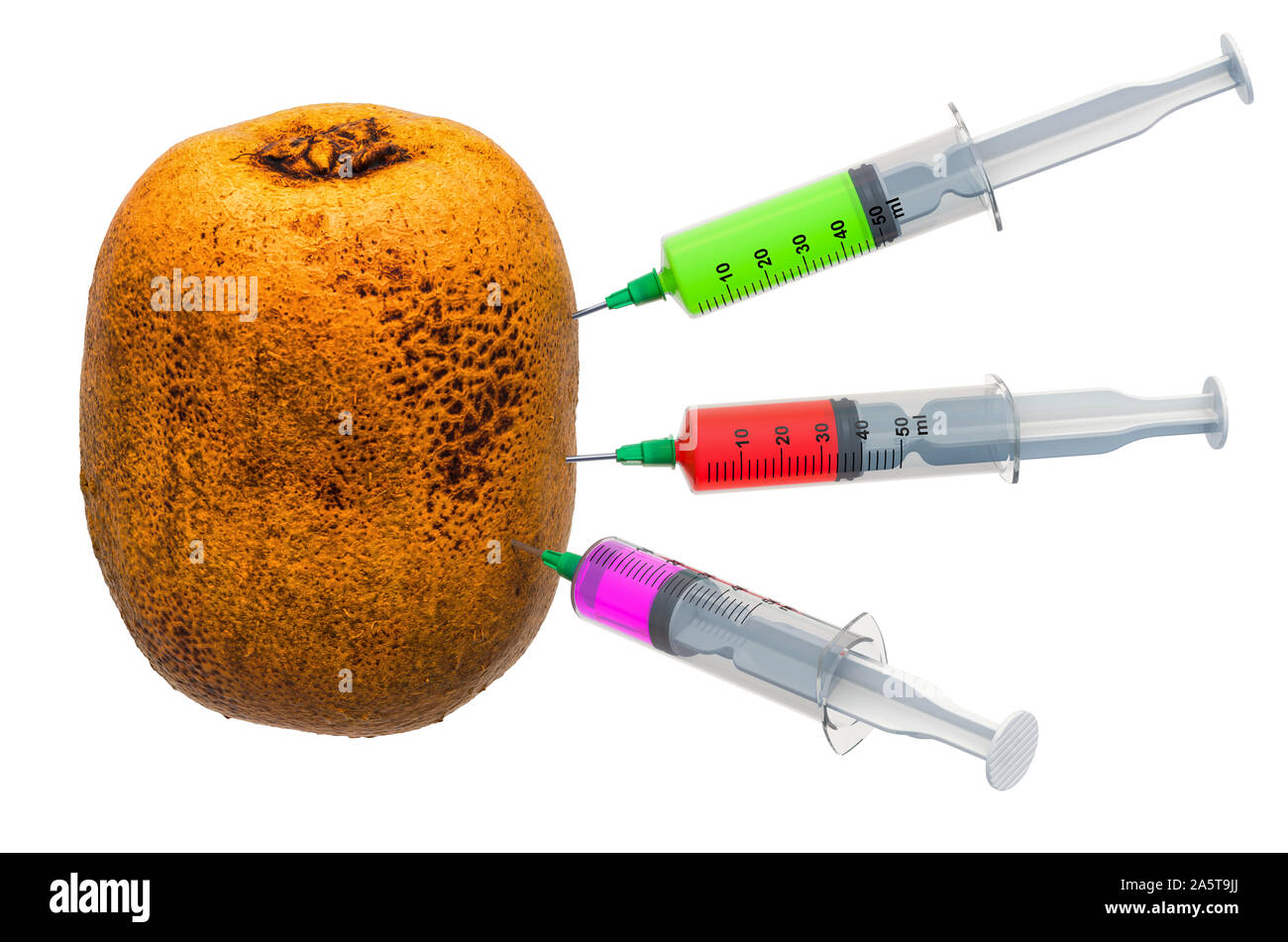 Kiwi mit Spritzen von Chemikalien. Genetische Essen Modifikation, Konzept. 3D-Rendering auf weißem Hintergrund Stockfoto