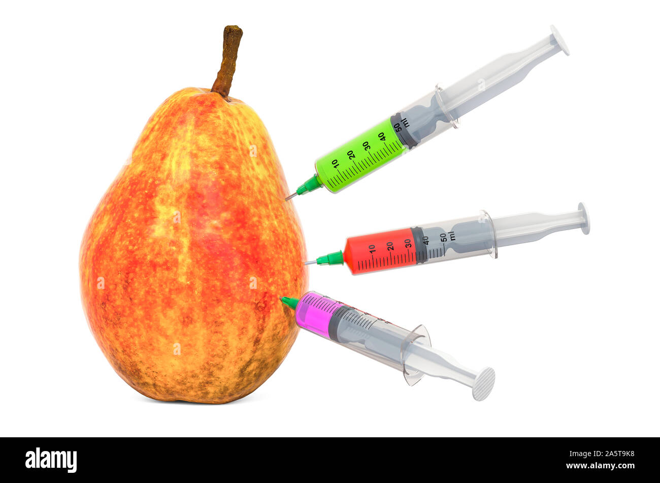 Birne mit einem Spritzen voll von Chemikalien. Genetische Essen Modifikation, Konzept. 3D-Rendering auf weißem Hintergrund Stockfoto