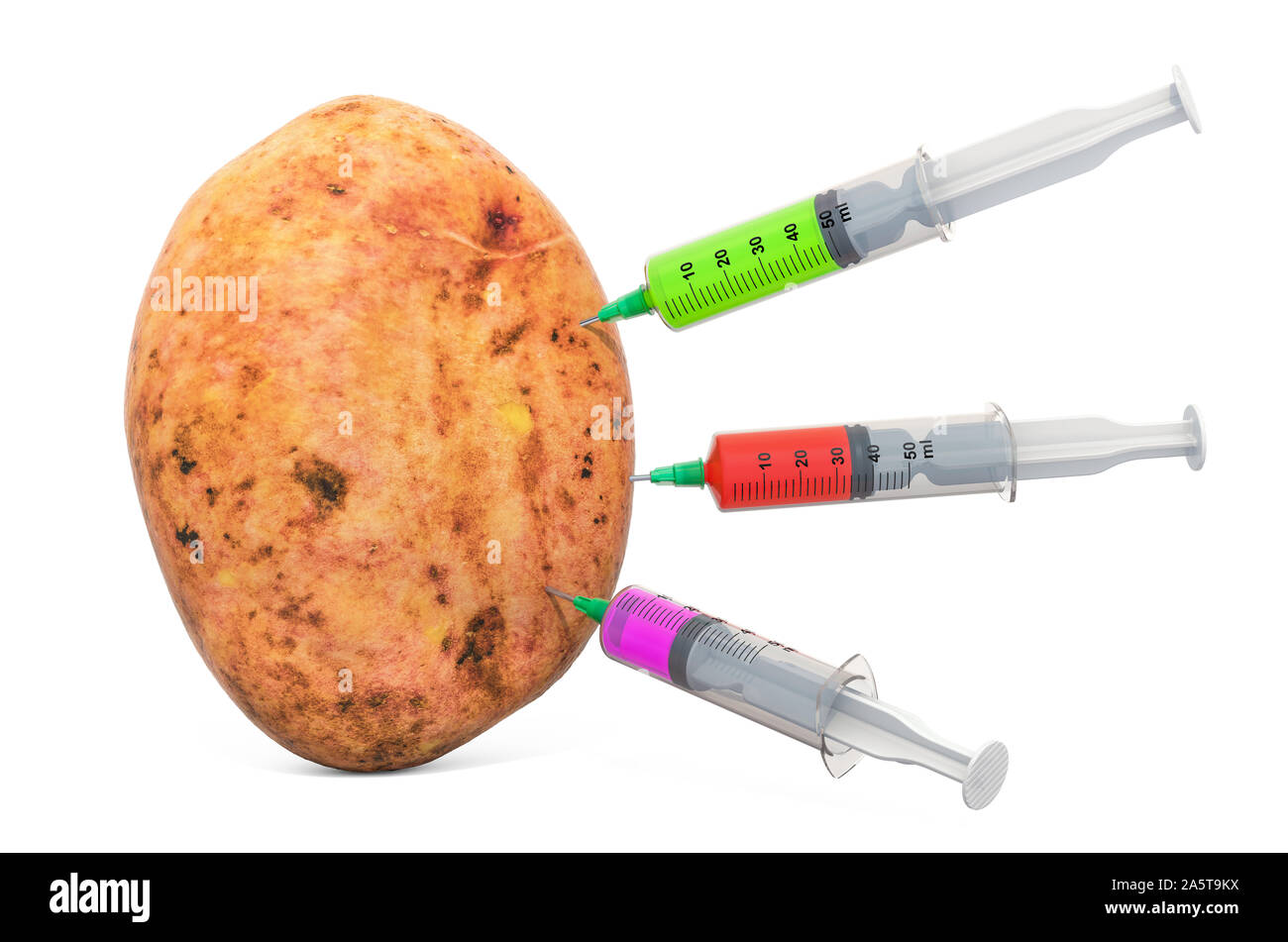 Kartoffel mit einem Spritzen voll von Chemikalien. Genetische Essen Modifikation, Konzept. 3D-Rendering auf weißem Hintergrund Stockfoto