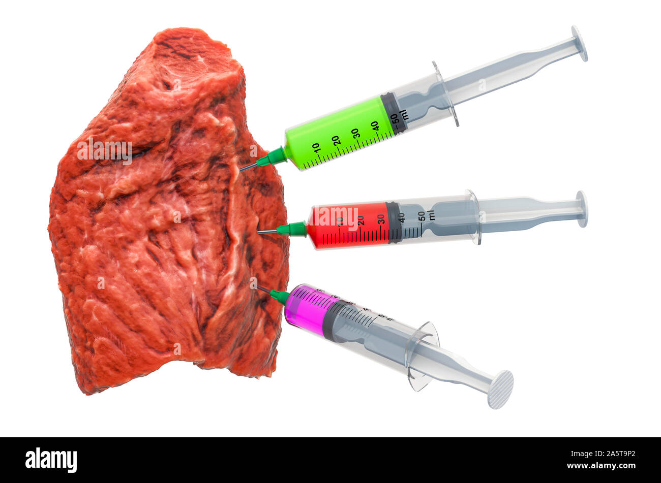 Zeile Fleisch mit einem Spritzen voll von Chemikalien. Genetische Essen Modifikation, Konzept. 3D-Rendering Stockfoto
