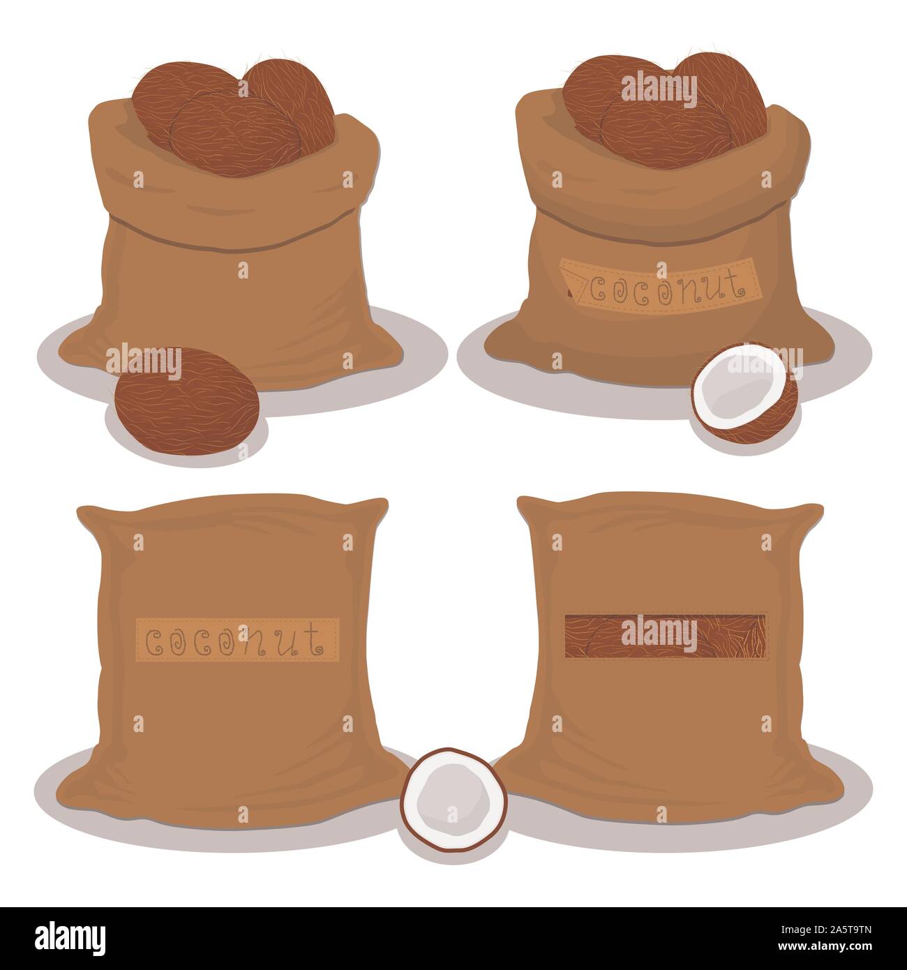 Vektor icon Abbildung: Logo für Beutel gefüllt mit braunen Mutter Coconut, Speicherung in Säcken. Coconut Muster bestehend aus reif essen, Rohstoff auf offene S Stock Vektor