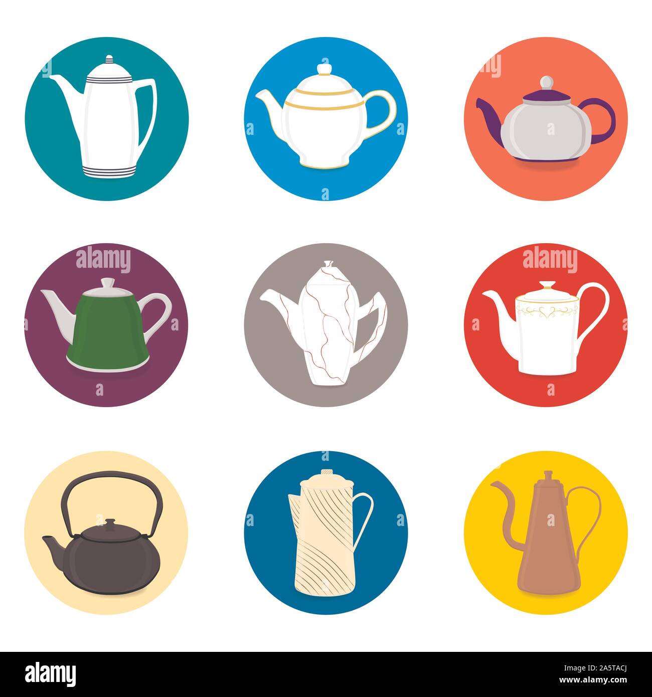 Vector Illustration für Satz farbiger Keramik Teekanne, Wasserkocher in Symbolen. Teekanne Muster bestehend aus Glas heißen Wasserkocher mit Griff, Deckel und Ausgießer für Drai Stock Vektor