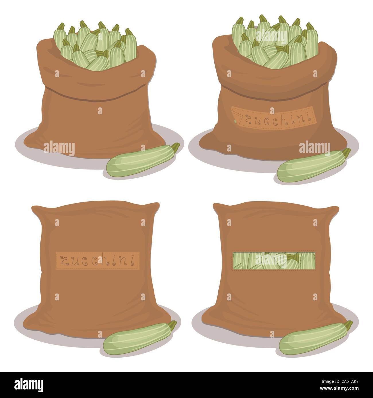 Vector Illustration für Beutel gefüllt mit Gemüse Grüne Zucchini, Lagerung in Säcken. Zucchini Muster bestehend aus reif essen, Rohstoff auf offenen Sac Stock Vektor