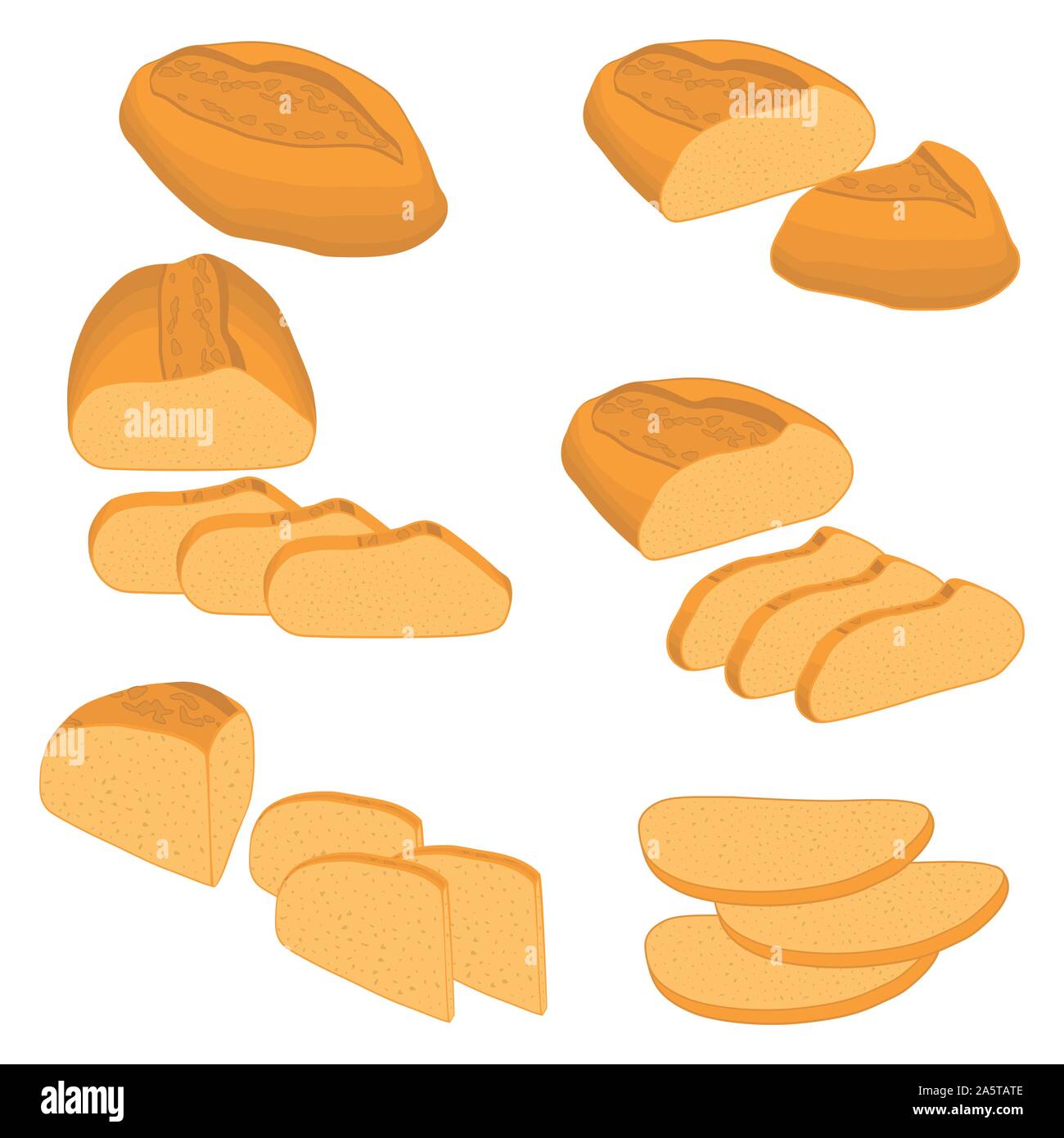 Vector Illustration der Satz von gebackenem Brot, dunkel Roggen Backstein, weiche Baguette für Backwaren. Brot aus der Bäckerei natürliche lecker Weizen essen in Scheiben geschnitten Toa Stock Vektor