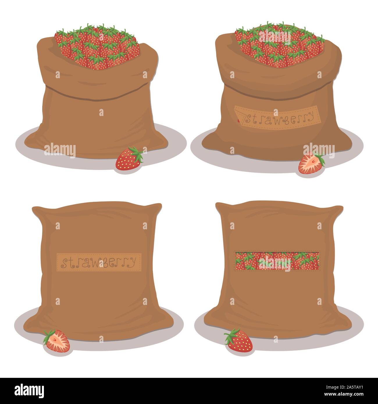 Vector Illustration für Beutel gefüllt mit Berry Rote Erdbeere, Lagerung in Säcken. Erdbeere Muster bestehend aus reif essen, Rohstoff auf offenen Sack. Stock Vektor