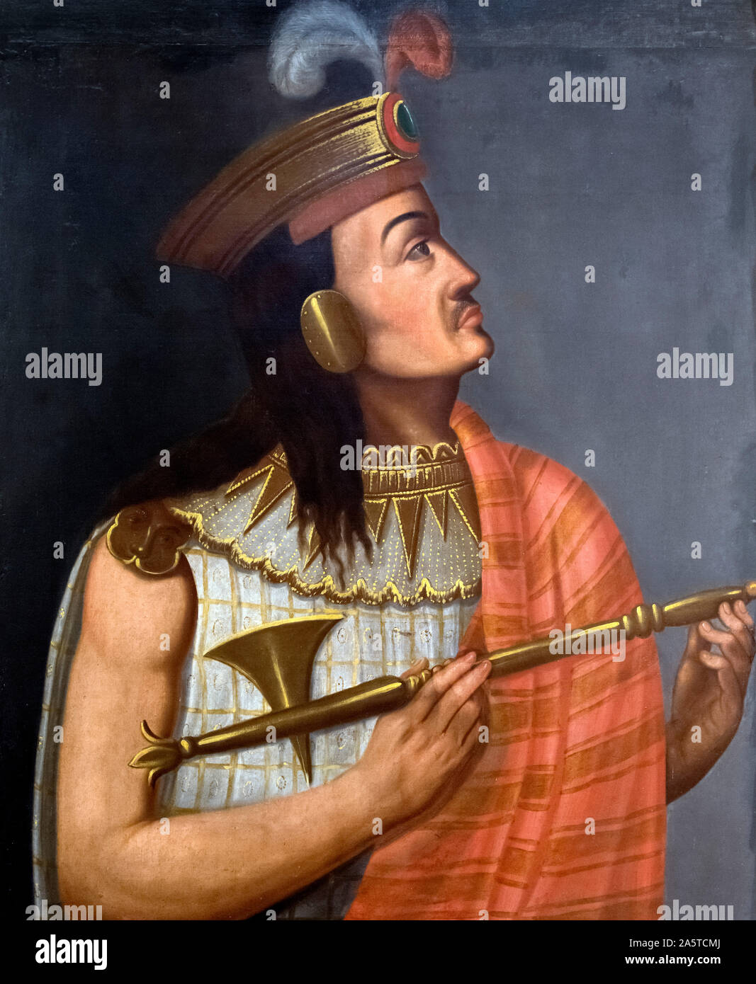 Inka Atahualpa (c.1502-1533), anonyme Portrait, Öl auf Leinwand, 19. Atahualpa war der letzte Inka Kaiser, dessen Herrschaft durch die spanische Eroberung im Jahre 1532 beendet wurde. Stockfoto