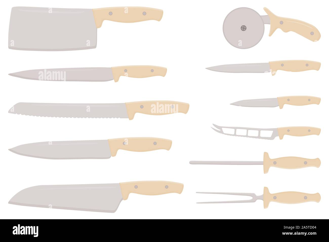 Abbildung auf Thema große farbige verschiedene Set Messer unterschiedlicher Größe für Metzger. Messer Muster bestehend aus Sammlung Zubehör butcher Ich Stock Vektor