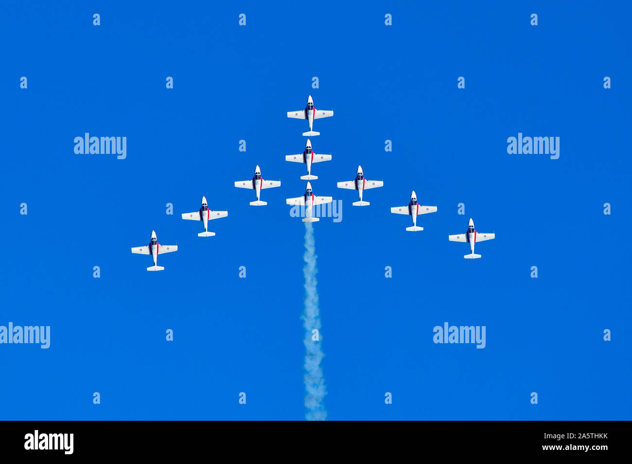Die Kanadische Streitkräfte 431 Luft Demonstration squadron in Formation fliegen an einem Air Show im Jahr 2019 in den Hafen von Nanaimo auf Vancouver Island British Col Stockfoto