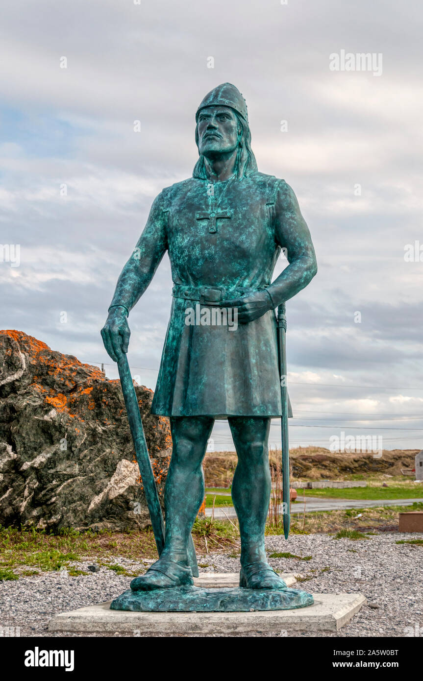 Statue von Leif Eiriksson bei L'Anse aux Meadows, Neufundland. Durch die Leif Ericson Stiftung von Seattle, Washington gespendet. Stockfoto