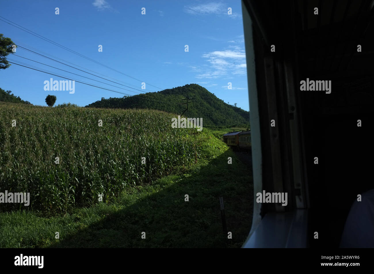 Blick aus dem Zug Bahn macht eine Kurve durch eine wunderschöne natürliche grüne Wiesen und Berge biegen. Reisen in Thailand Stockfoto