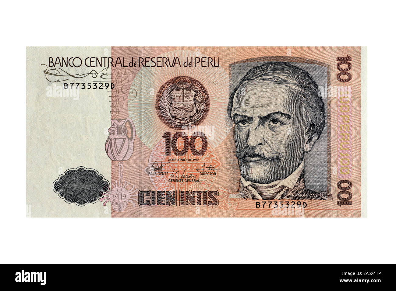 Banknote aus Peru von 1987, 100 Quinientos Intis, Stockfoto