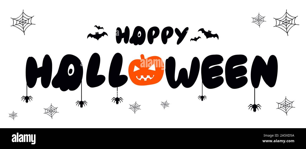 Vektor Plakat mit der Art des Happy Halloween, Kürbis, Fledermaus, Spinne und Web auf weißem Hintergrund. Für Banner, Grußkarte, Party Einladung Stock Vektor