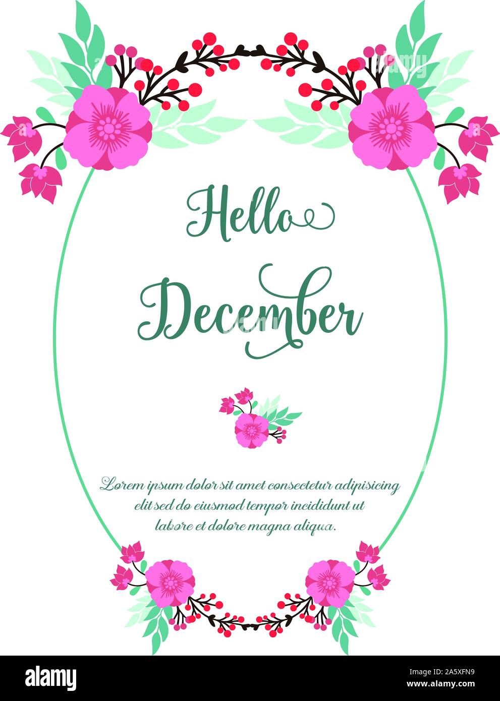 Handgeschriebene Karte hallo Dezember, mit Skizze von Blatt Blume Rahmen. Vektor Stock Vektor