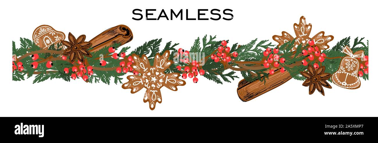 Nahtlose Weihnachten Grenze von tannenzweigen, Dekorationen, roten Beeren und Spielzeug. Fichte oder Kiefer. Stock Vektor