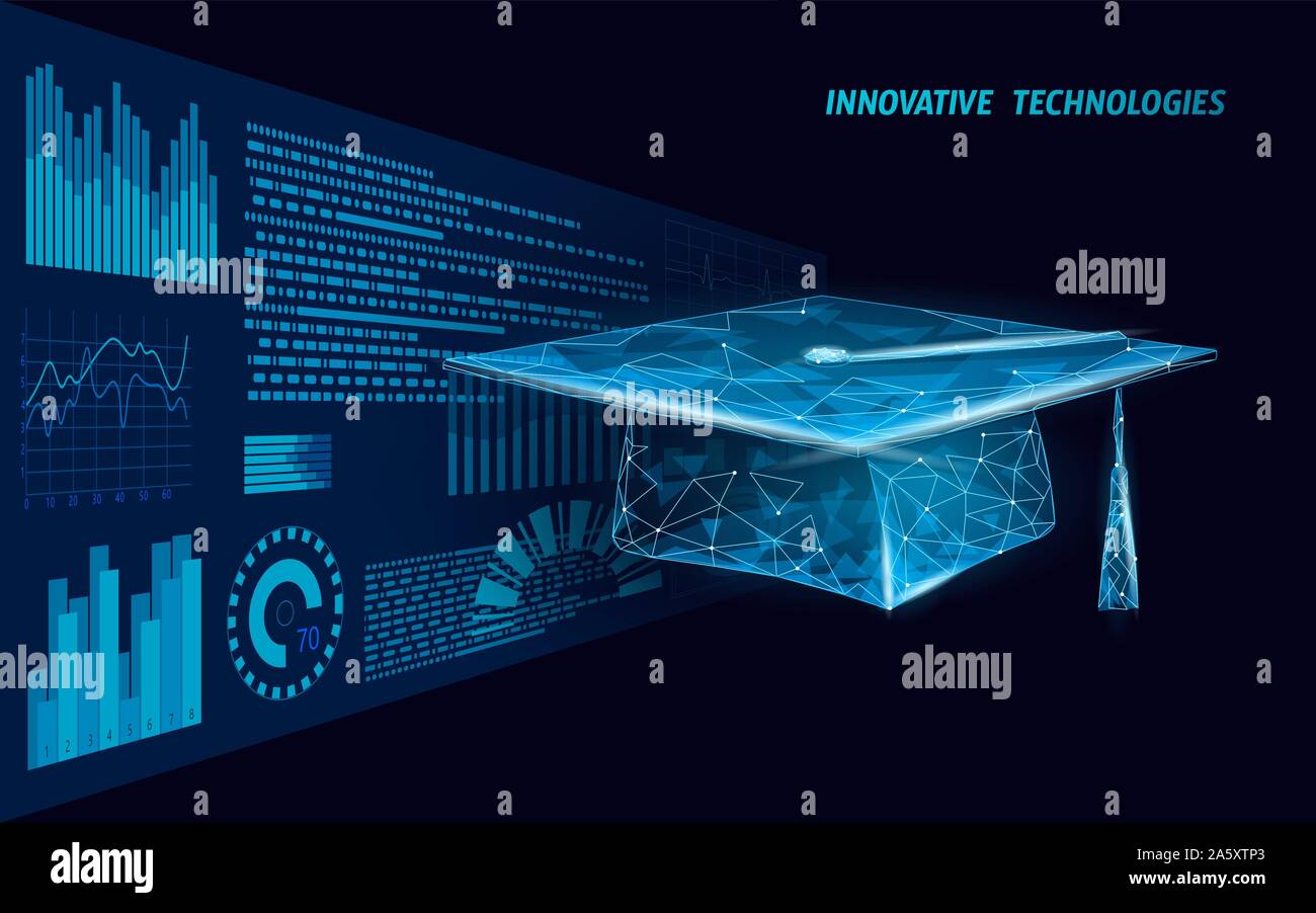 E-Learning-Fernstudium Zertifikat Programm Konzept. Low Poly 3D Rendering Graduation Cap HUD Graph Growth Banner-Vorlage. Internet-Bildung Stock Vektor