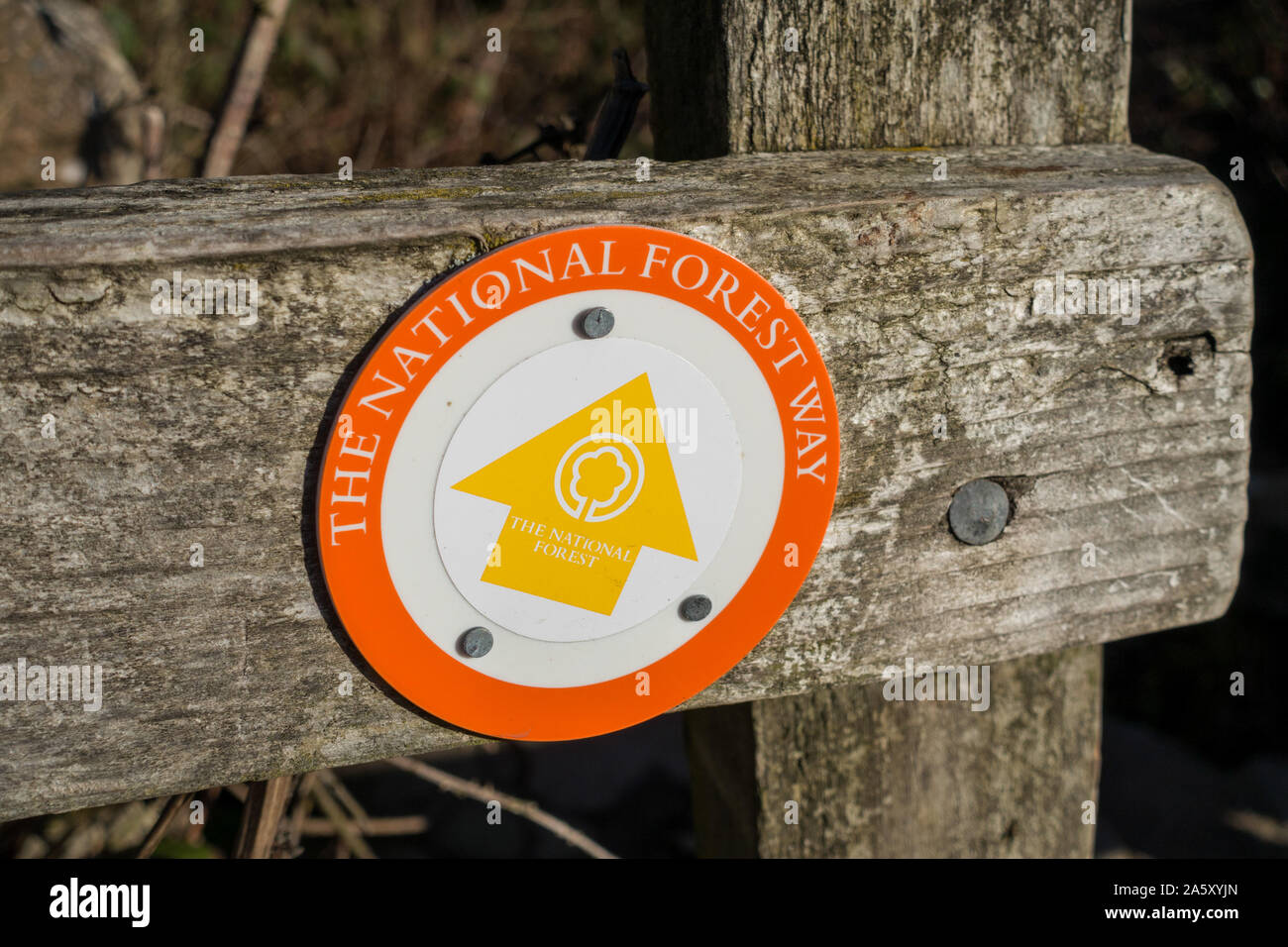 Runde' Der nationalen Wald Weg' Fußweg weg - marker Zeichen auf Zaunpfosten, Ticknall, Derbyshire, England, Großbritannien Stockfoto