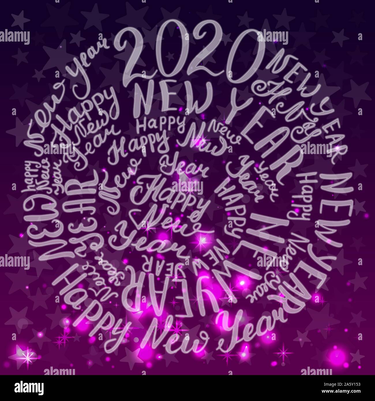 2020 für das neue Jahr. Handschriftliche Phrase. Vector Illustration. Lila Hintergrund mit Sternen Stock Vektor