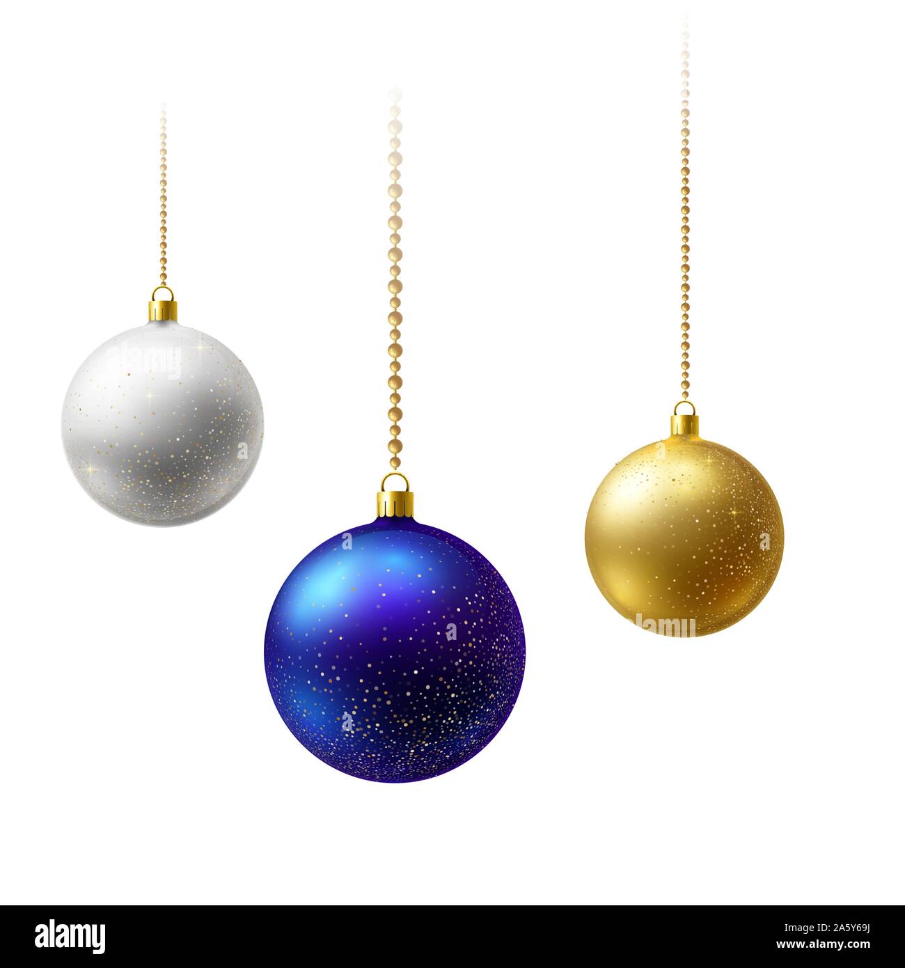 Realistische Mehrfarbige matt Weihnachten Kugeln hängen auf Gold Perlen Ketten Stock Vektor