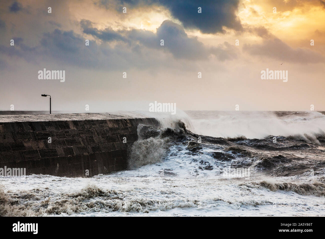 Wellen, die über dem Cobb in Lyme Regis in Dorset. Stockfoto