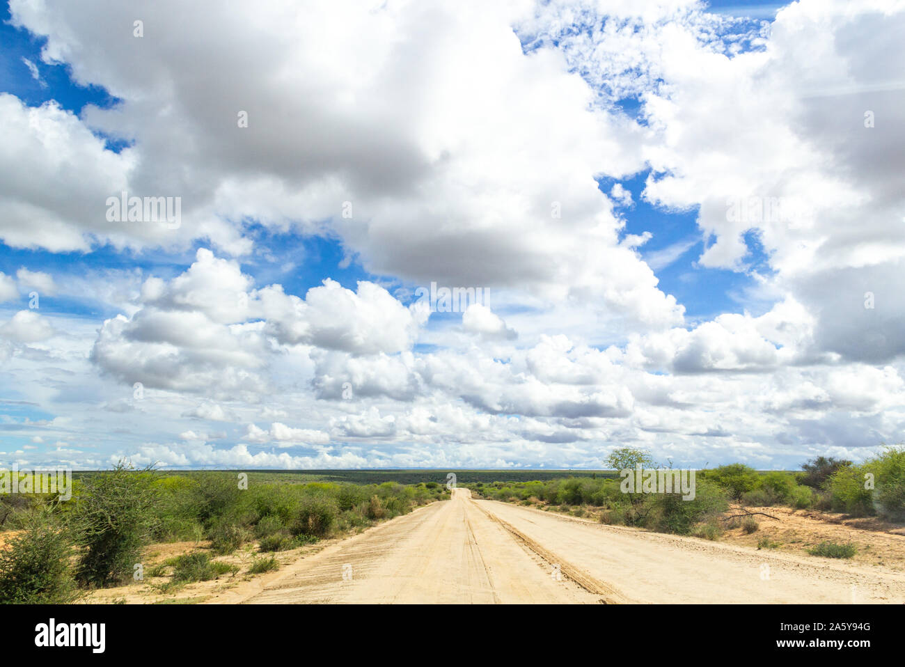 Bewölkter Himmel und eine lange Schotterstraße in der Weite von Namibia, Afrika Stockfoto