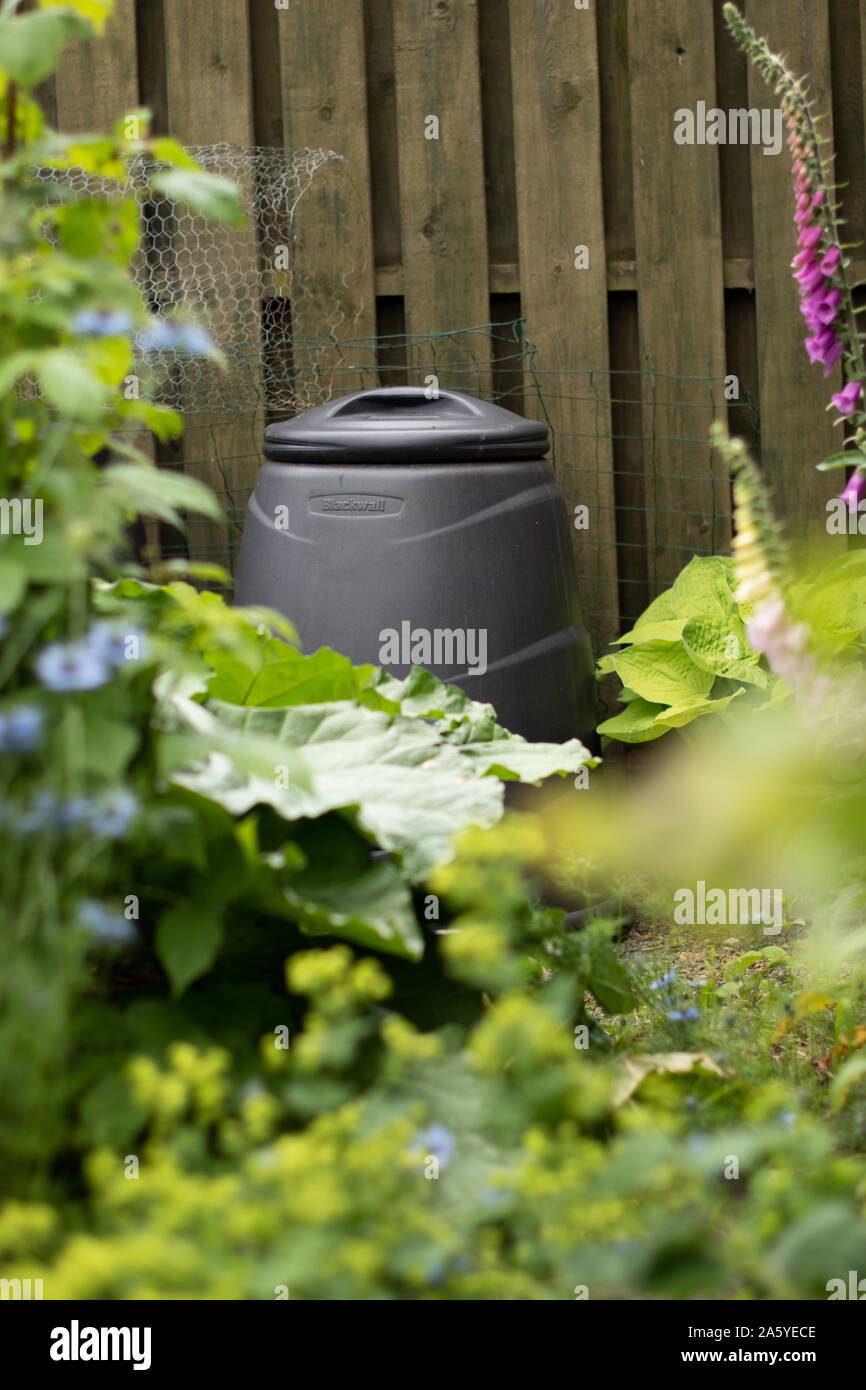 Blick auf einen schwarzen Kunststoffbehälter im Garten gegen einen Holzzaun, der durch Laub gesehen wird Stockfoto