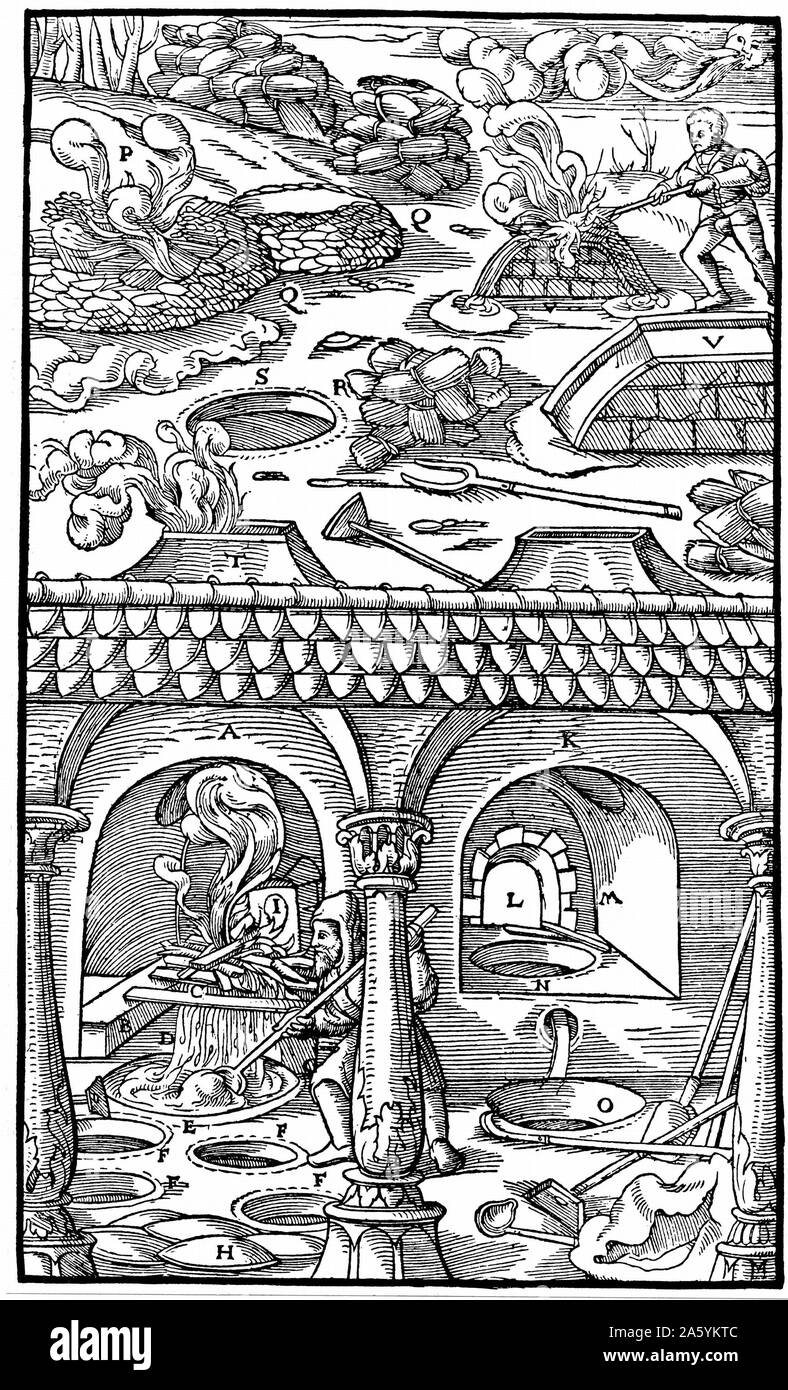 Blei schmelzen. Von Agricola "De re Metallica", Basel 1556. Holzschnitt Stockfoto