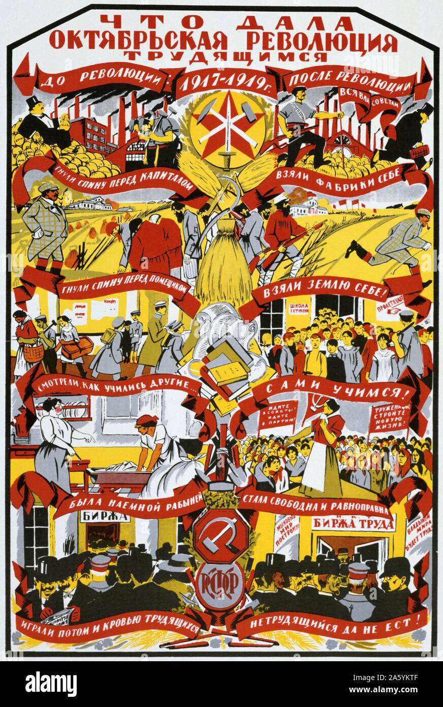 Russische Poster von 1919 zeigt die Vorteile für Arbeitnehmer der Revolution von 1917. Auf der linken Seite ist die alte Ordnung, wo die Reichen das Proletariat zu nutzen. Auf der rechten Seite ist die neue Bestellung mit dem Reichen vertrieben und der Zustand jetzt von den Menschen in Anspruch genommen. Stockfoto