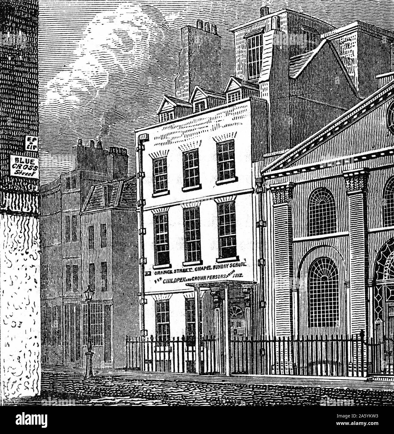 Isaac Newtons (1642-1727) Haus auf Kreuzung von Orange und St.-Martins Street, London, da sich herausstellte c1880. Holzstich Stockfoto