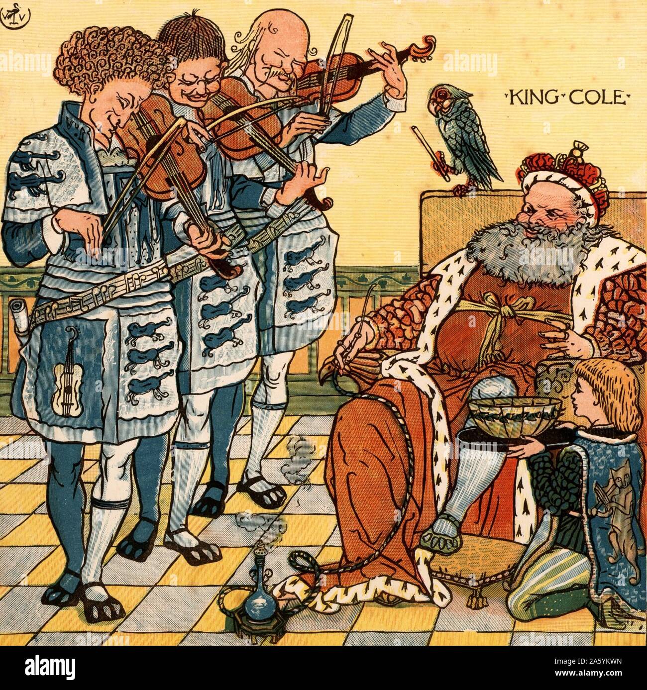Old King Cole war eine fröhliche alte Seele / und ein Frohes alte Seele war er./Er für seine Pfeife, und er rief seine Schüssel/Und er rief seinen Fiddlers drei. King Cole ist das Rauchen einer Wasserpfeife und ist durch seine drei Geigern, die von einem Papagei durchgeführt werden, ein Ständchen. Abbildung des englischen Künstlers Walter Crane (1845-1915) für ein Buch der Kinderreime von Ing ein Lied von Sixpence" (London, 1866). Farbe gedruckten Holzstich. Stockfoto